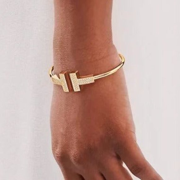 18K Gold Diamond T Bracelet T Bar Bracelet Silver Cuff T Bangle - Picture 3 of 3